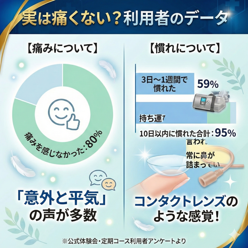 ナステント利用者の痛みと慣れに関するデータ。80%が痛みを感じず、95%が10日以内に慣れると回答。