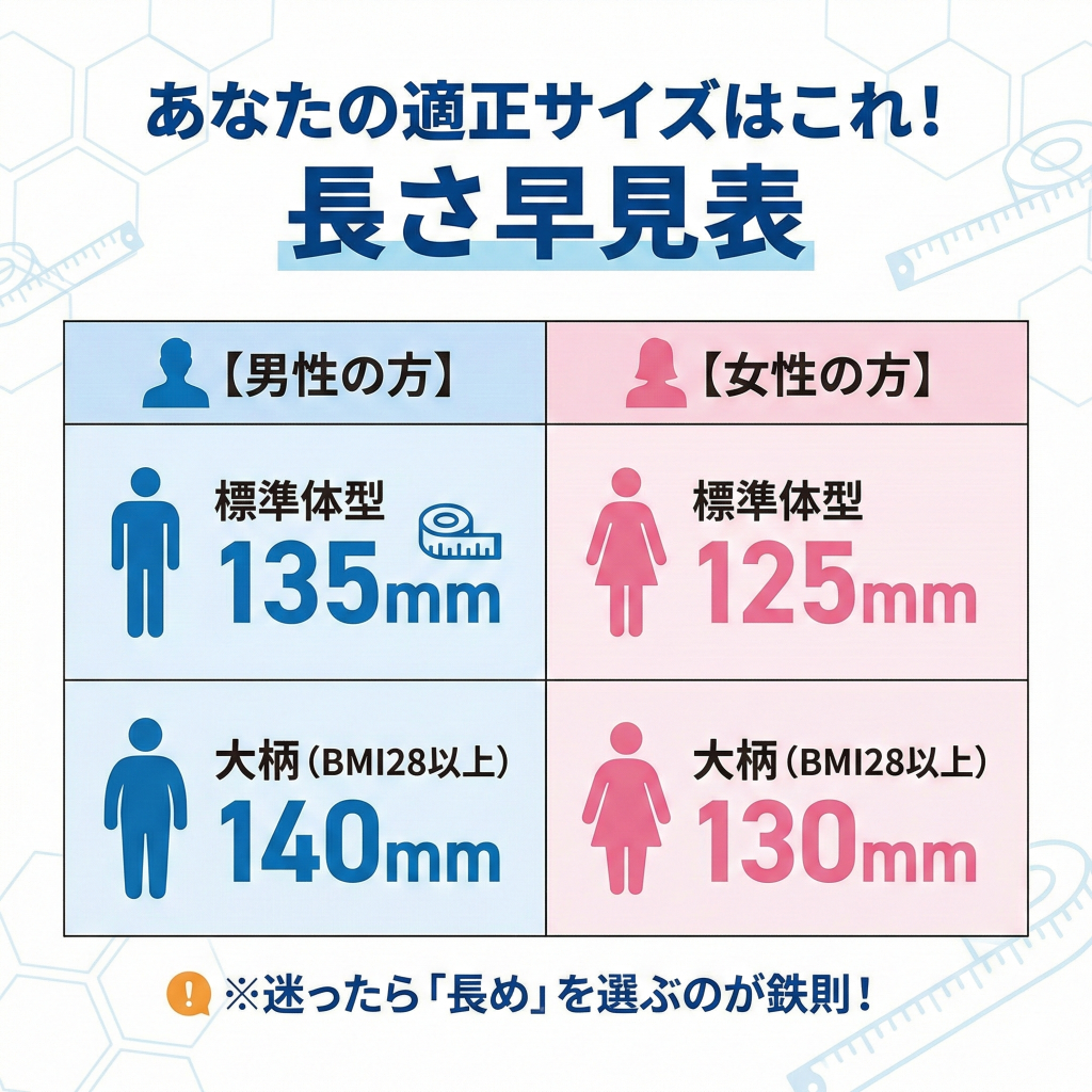 ナステントの長さ選び早見表。男性は135mm(大柄なら140mm)、女性は125mm(大柄なら130mm)が目安。