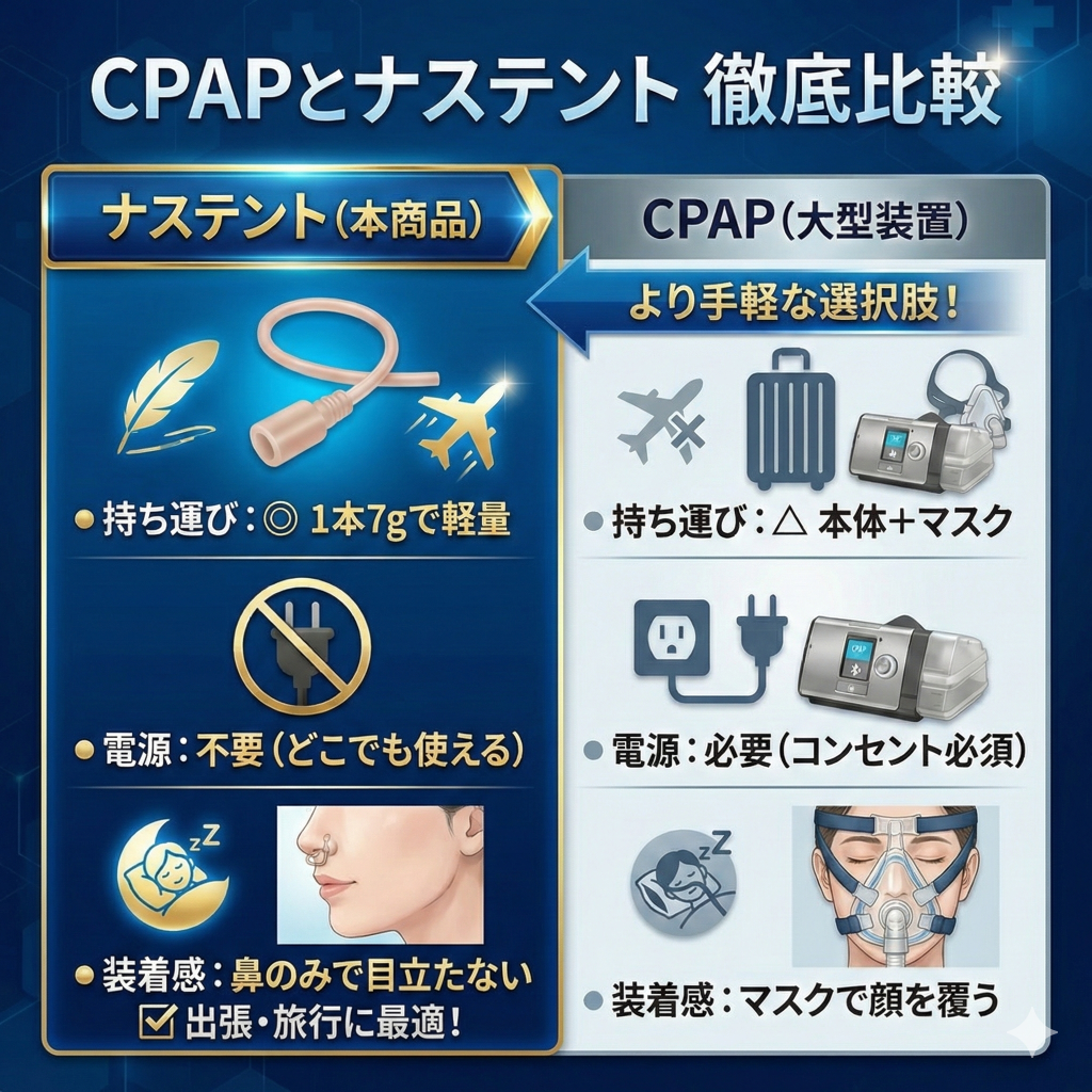 ナステントとCPAPの比較表。携帯性や電源不要の点でナステントの手軽さを強調。