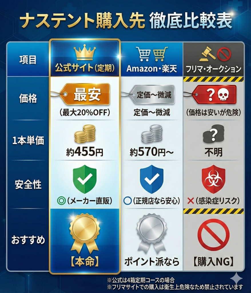 ナステントの購入先比較表。公式サイトの定期購入が1本あたり約455円で最安。Amazonや楽天は定価、フリマサイトは衛生リスクがあるためNG。