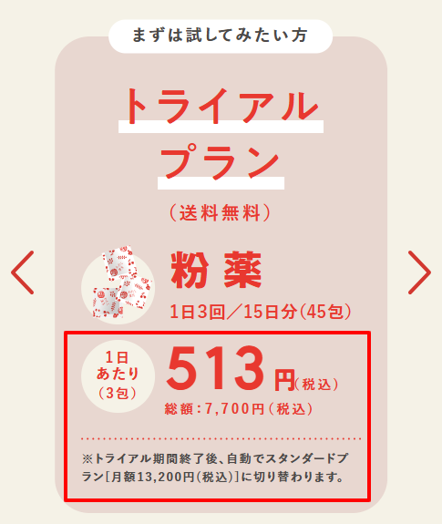 わたし漢方公式サイトの料金ページ。初回トライアルと通常プランの価格記載。