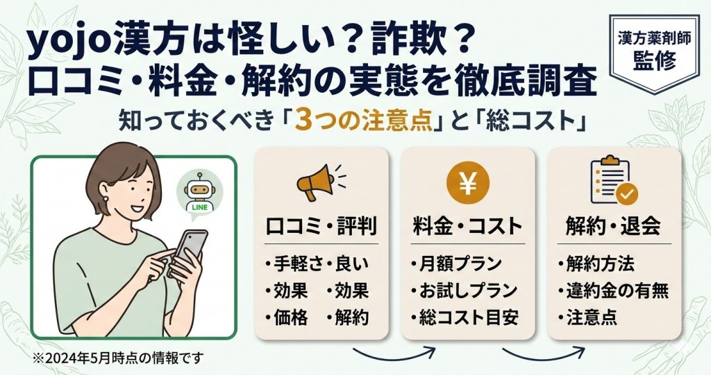 yojo漢方の口コミ・料金・解約の実態を解説した記事のアイキャッチ。詐欺・怪しいという噂の真相を専門家監修で紹介。